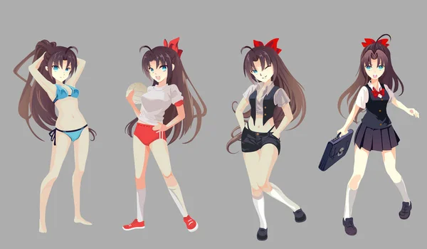 Chicas anime vistiendo uniforme escolar, icono sobre fondo blanco. diseño colorido. ilustración vectorial — Archivo Imágenes Vectoriales