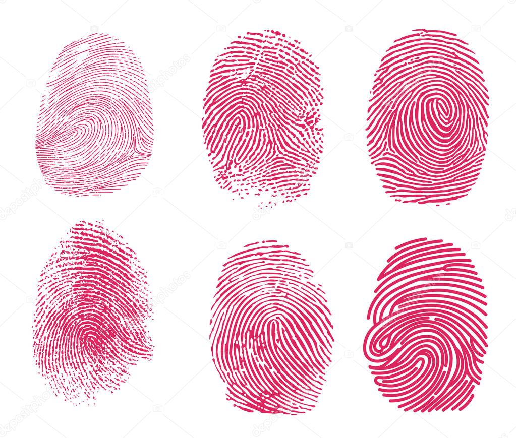 Set of blood fingerprints. Vector red stains of fingers