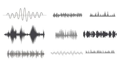 Vektör ses dalgaları ayarlandı. Ses Çalıcı. Ses dengeleyici teknoloji, nabız müzikali. Vektör illüstrasyonu