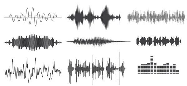 A onda sonora forma ilustração vetorial. Soundtrack áudio música amplitude formas de onda como equalizador isolado no fundo branco. Acenar sinal de melodia sonora —  Vetores de Stock