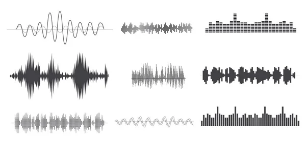 Formas de onda de som vetoriais. Ondas sonoras e ícones de pulso musical — Vetor de Stock