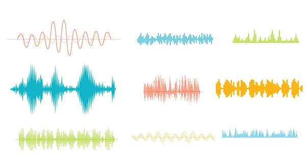 Formas de onda de som vetoriais. Ondas sonoras e ícones de pulso musical — Vetor de Stock