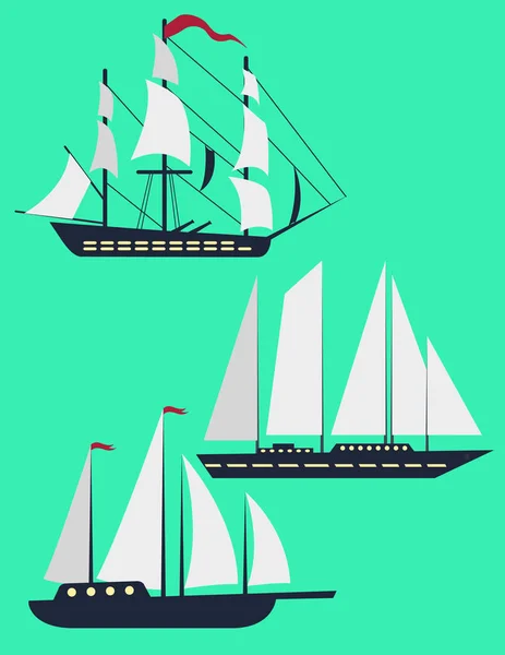 Motoros hajót és vitorla csónak oldalán nézet beállítása vektor ikonra. A hajó, kedvtelési célú, hajó, motorcsónak, hajó hajó, tengerjáró hajó, luxus yacht, hajón, Vitorláshal lapos kivitel. Reális elszigetelt csónak. Csónak ikonra. Részletes hajó és a hajó, yacht. Hajó, csónak, hajó oldalán v — Stock Vector
