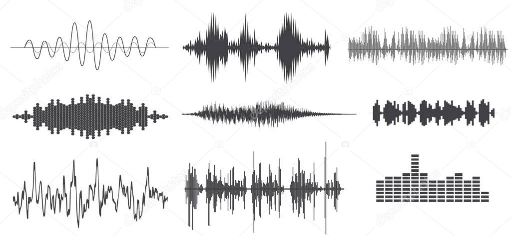 Sound wave forms vector illustration. Soundtrack audio music amplitude waveforms like equalizer isolated on white background. Wave sound melody signal