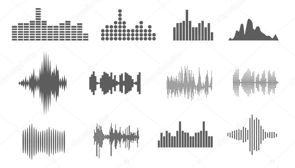 Vector Sound Waveforms. Sound waves and musical pulse icons