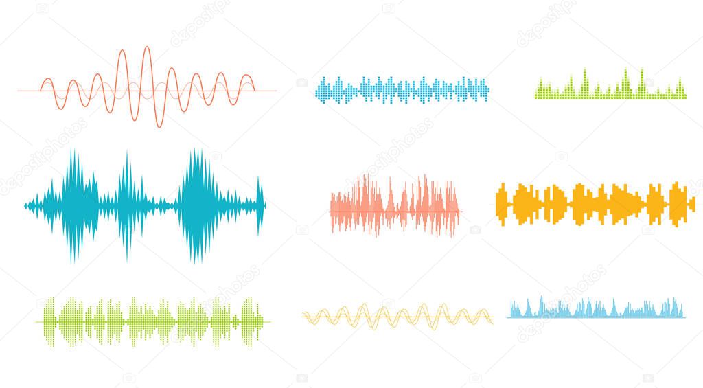 Vector Sound Waveforms. Sound waves and musical pulse icons