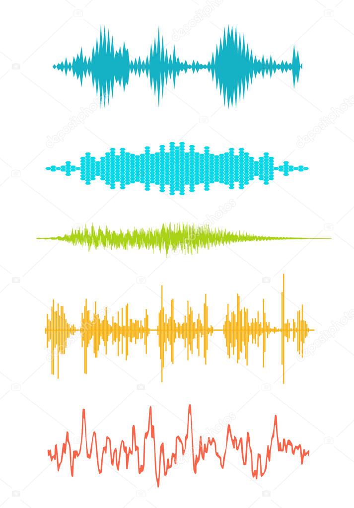 Sound wave forms vector illustration. Soundtrack audio music amplitude waveforms like equalizer isolated on white background 