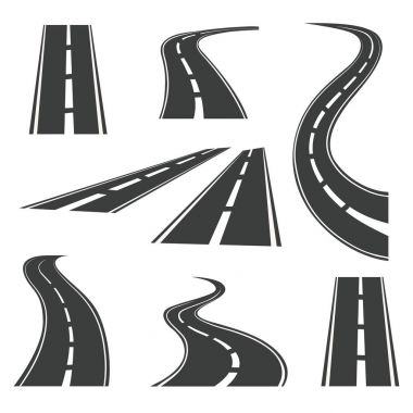 Vektör yol simgeler. Gezi ve yolculuk için Karayolları ve yol işaretleri üzerinde beyaz arka plan izole hareket eşleştirir. Yol yol düz ve eğri şekil