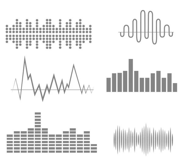 Hanghullám formák vektoros illusztráció. Filmzene audio zene amplitúdó hullámformák, mint a equalizer elszigetelt fehér background — Stock Vector