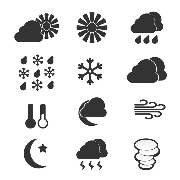 Набір піктограм погоди та піктограм погоди Векторні ілюстрації. Хмара сніжинки встановила іконки погоди і температури сонця — стоковий вектор