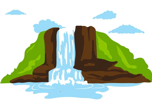 Bunte Wasserfall-Ikone flacher Wasserfall und Wolken — Stockvektor