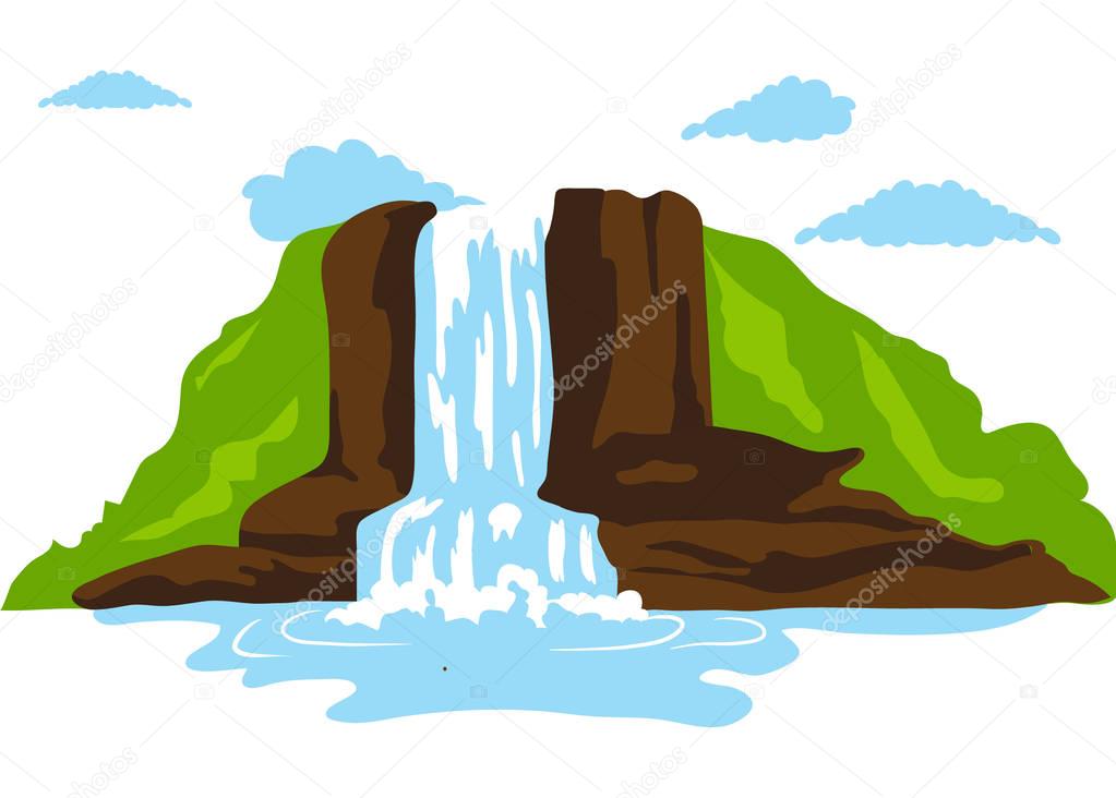Colorful mountain waterfall icon flat waterfall and clouds