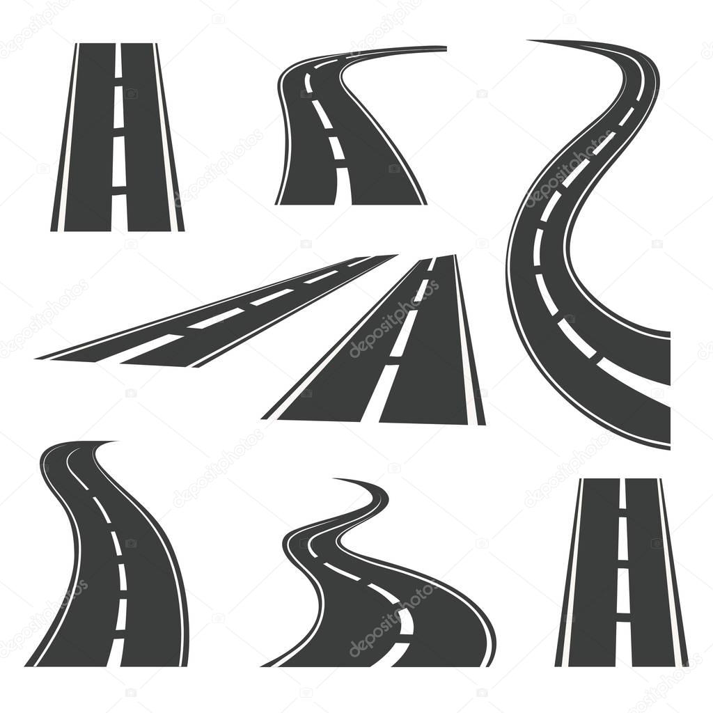 Vector road icons. Highways and roads signs for trip and journey maps motion isolated on white background. Path of roads straight and curved illustration