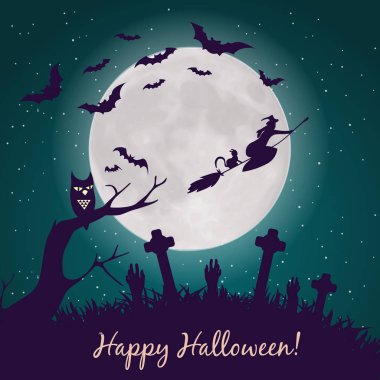 Cadılar Bayramı. Cadılar Bayramı partisi. Cadılar Bayramı tebrik kartı arka plan. Cadılar Bayramı illüstrasyon Evi Cadılar Bayramı Balkabağı, yarasa, ağaçlar,