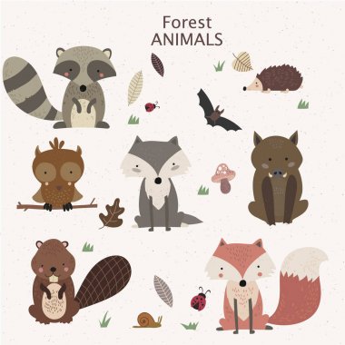 Woodland kabile hayvanlar sevimli orman ve doğa tasarım öğeleri vektör