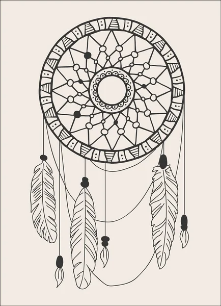 Amerikanska indianer amulett. Dream catcher med fjädrar och pärlor på en vit bakgrund — Stock vektor