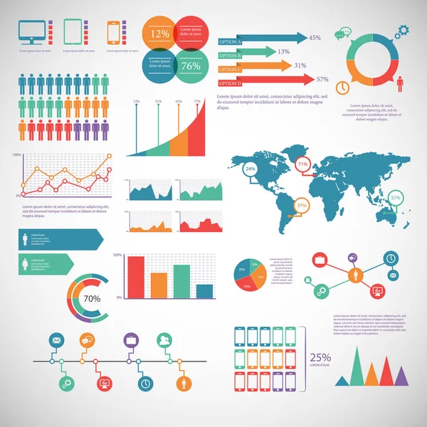 Elementos de infografía - infografías de procesos, pasos y opciones, diagrama de círculo, diagramas de flujo de trabajo, infografías de línea de tiempo, infografías piramidales, visualización de porcentajes, ilustración de vectores eps10 — Vector de stock