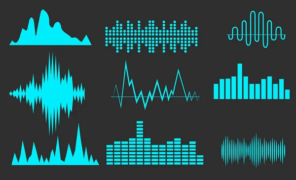 Hanghullám formák vektoros illusztráció. Filmzene audio zene amplitúdó hullámformák, mint a equalizer elszigetelt fehér background — Stock Vector