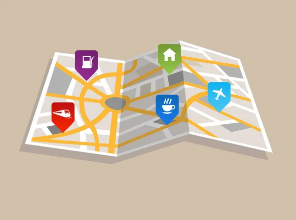 Abstracte stratenplan icoon met kaart aanwijzer en schaduw geïsoleerd op een witte achtergrond. Toewijzing punten op stad kaart kaart pointers markeren plaats tekenen — Stockvector