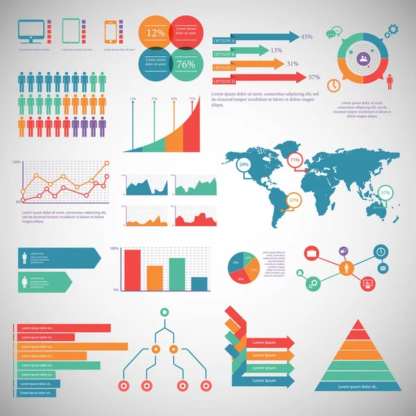 Elementos de infografía - infografías de procesos, pasos y opciones, diagrama de círculo, diagramas de flujo de trabajo, infografías de línea de tiempo — Vector de stock