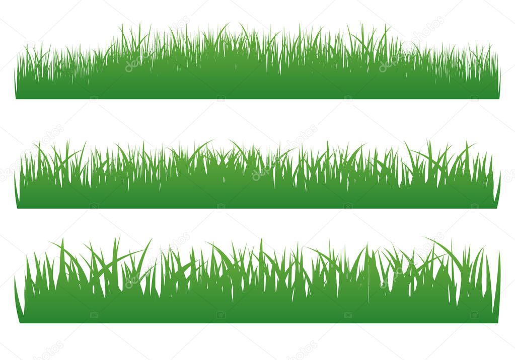 Vector flat grass set isolated on white background. Horizontal row of grass in cartoon style. Detailed illustration of herbs. Green grass pattern for illustration and game design. Abstract grass.