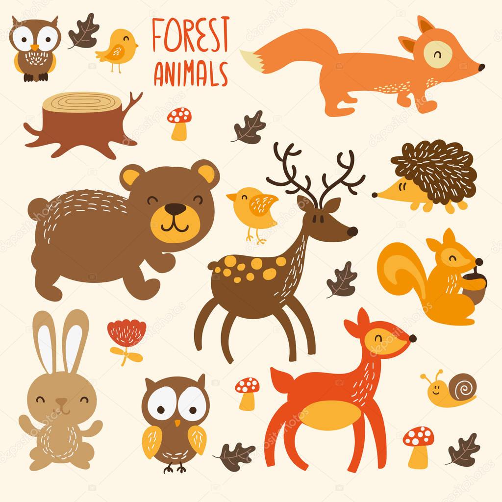 Set of cute woodland animals isolated on white background with text Wild and Free