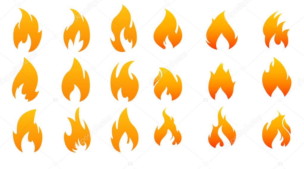 Collection of fire icons vector and fire flame danger hot energy elements. Ignite element fire flame and flammable blazing fire flame. Blaze design, explosion fire flame icon. Energy campfire set