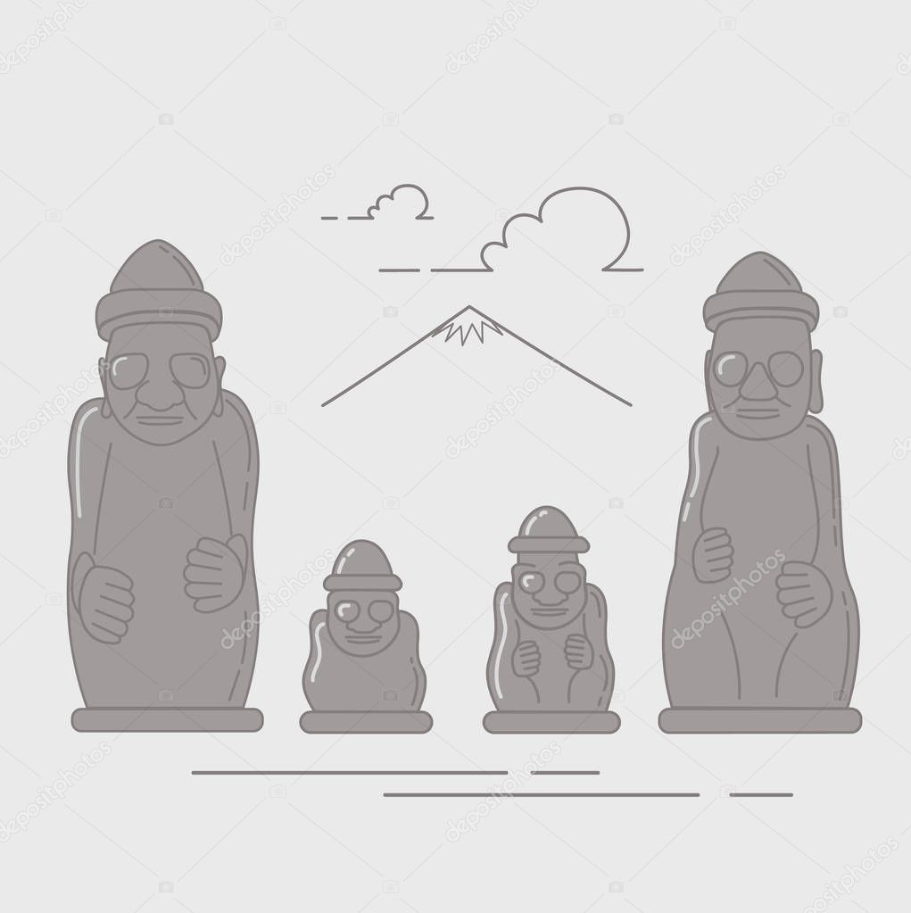 Dol Hareubang, also called tol harubang, hareubang, or harubang, large rock statue found on Jeju Island off the southern tip of South Korea. Vector illustration made in a line art style