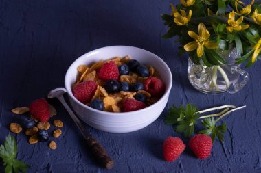 snowdrops, berries and granola are on the table 