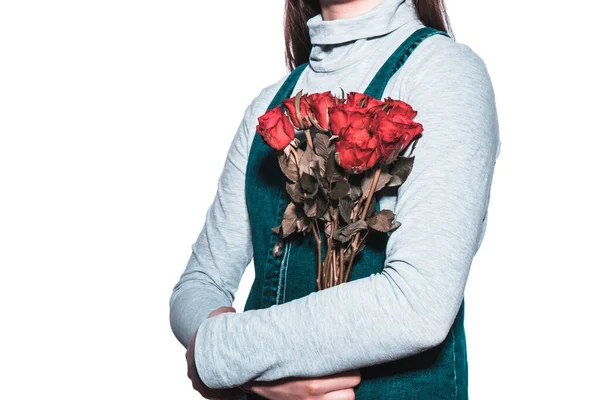 Girl Holding Bouquet Red Roses Her Hands White Background — Stock Photo, Image