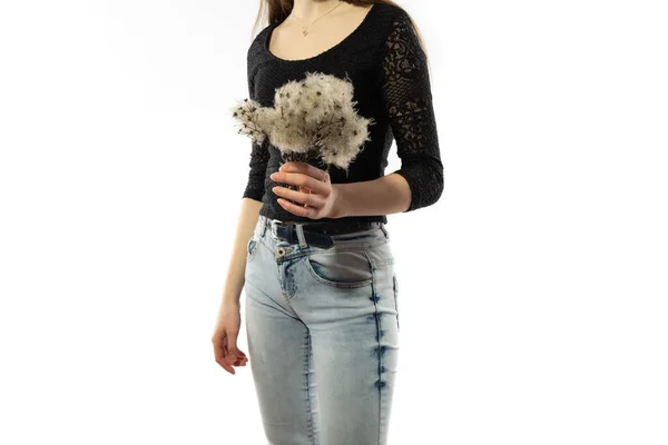 Girl Holds Bouquet Dried Flowers White Background — Stock Photo, Image