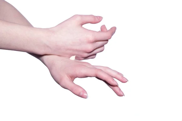 白い背景に手に肌のクリームと女性の手のひら — ストック写真