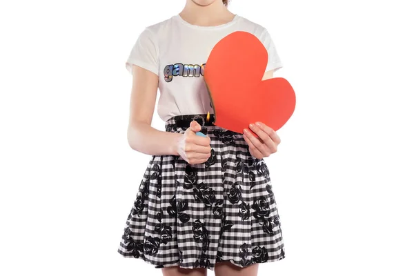 Girl Stands Holds Her Hands Paper Red Heart Burning Lighter — Stock Photo, Image