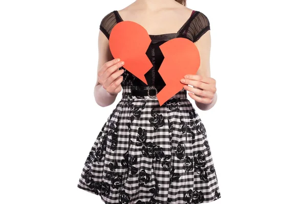 Young Girl Standing Holding Two Pieces Paper Heart Her Hands — Stock Photo, Image