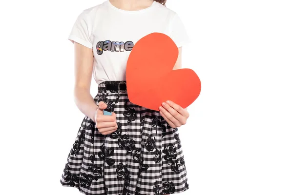 Young Girl Holding Paper Heart Lighter Hands White Background — Stock Photo, Image