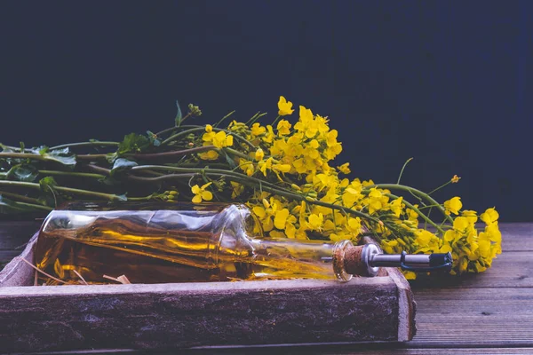 rapeseed flowers near a bottle of rapeseed oil in a wooden box on a wooden table on a blue background