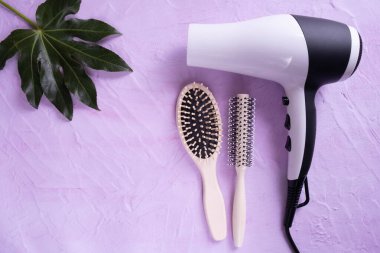 Beyaz saç kurutma makinesi ve iki tarak yeşil bir yaprağın ve beyaz arka plandaki her şeyin üzerinde dokulu bir arka planda yatıyor.