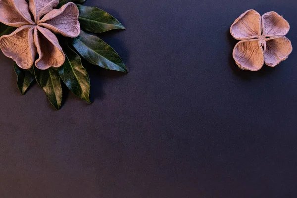 decoration in the form of flowers made of wood and leaves lie on the table and everything on a blue background