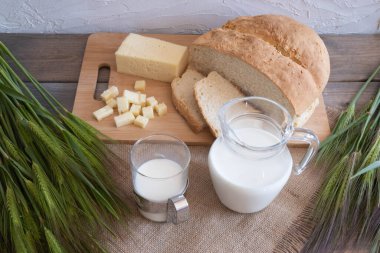 Taze ekmek, süt, peynir ve yeşil arpa kulakları kahverengi bir arka planda masanın üzerinde uzanır.
