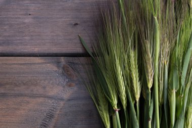 Taze kesilmiş yeşil arpa kulakları ahşap bir arka planda bir masanın üzerinde uzanır.