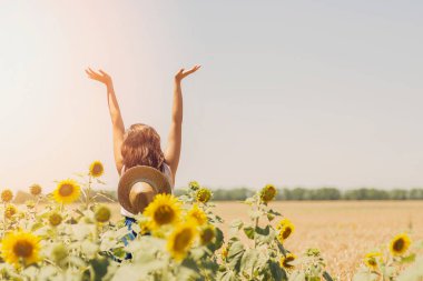 Konsept - buğday tarlasında yürüyen şapkalı güzel bir genç kadın. Arkadan manzara.