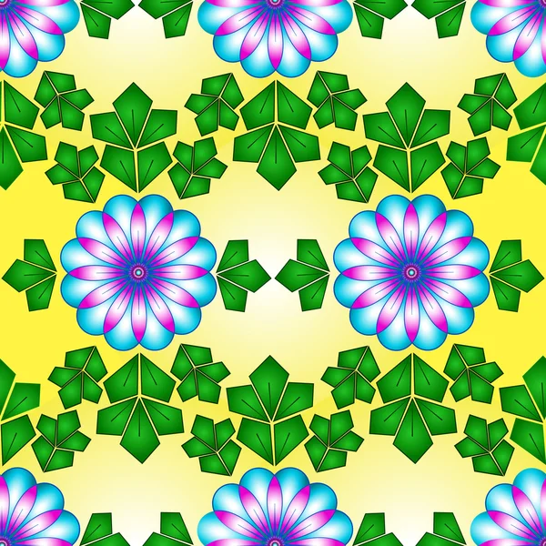 Patrón vectorial sin costuras de flores y hojas estilizadas sobre un fondo amarillo. Patrón floral geométrico. Vidrieras . Vector De Stock