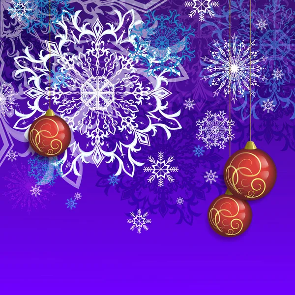 新的一年卡。节日冬天背景与精致雪花美丽和明亮的红球与金色图案。祝贺。矢量图. — 图库矢量图片