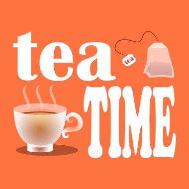 Vektör çizim turuncu bir arka plan üzerinde çay poşetleri, beyaz kupa ve bir slogan ile çay içme zamanı. Örnek metin.
