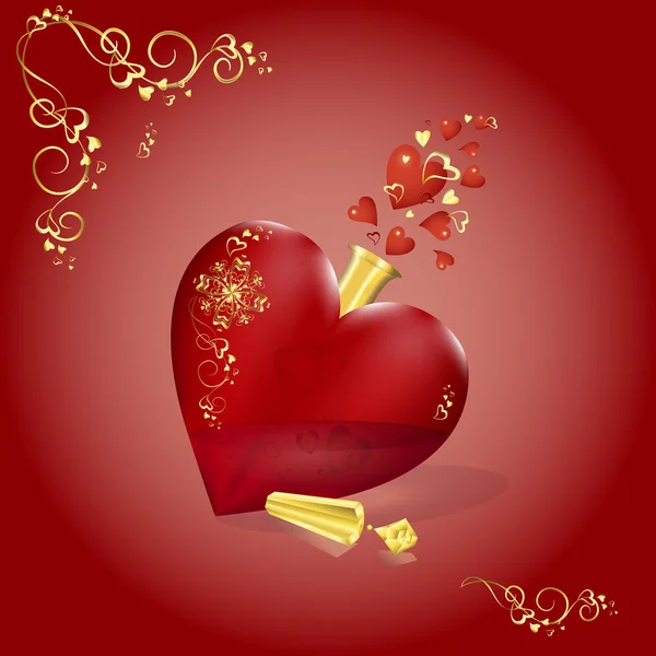 ベクトル ゴールド パターンとストッパーと赤いハートの形をしたゴージャスなボトル。ひらひら心、愛マジック。バレンタインデーのコンセプト. — ストックベクタ