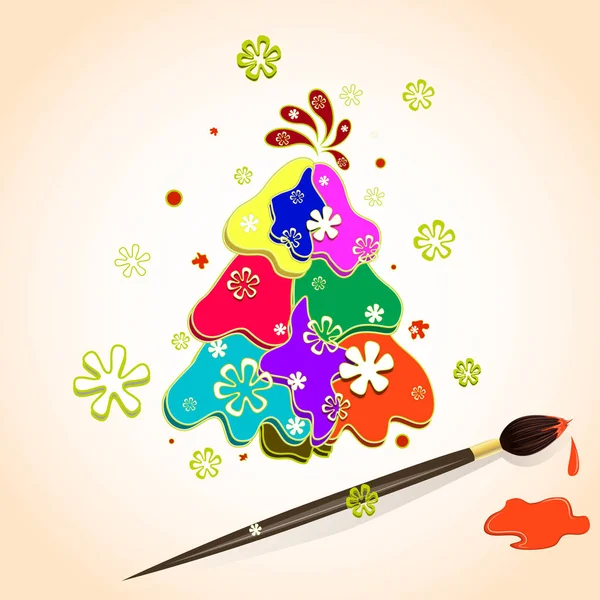Noel ağacı çok renkli noktalar üzerinde kağıt, kar taneleri ve fırça boya boya ile yapılmış. Vektör çizim Noel ve yeni yıl için.