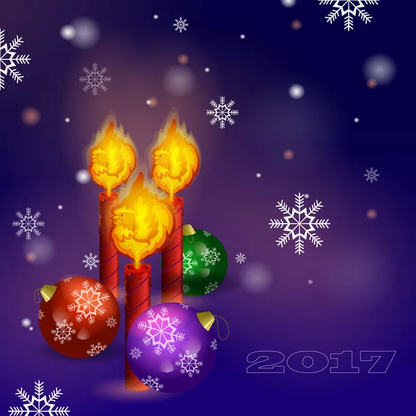 Tarjeta de felicitación vectorial para Año Nuevo. Tres velas con la llama en forma de gallo ardiente y tres bolas de Navidad sobre un fondo de copos de nieve y el cielo nocturno . — Vector de stock