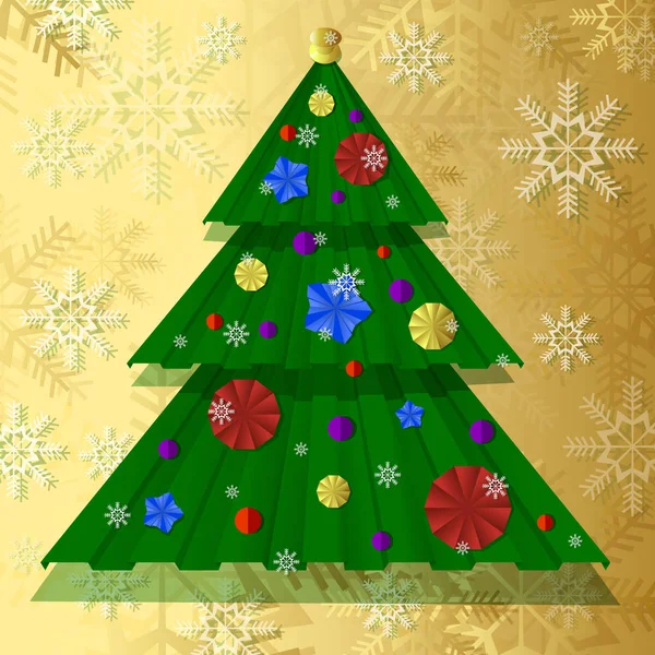 矢量纸圣诞树，装饰着节日纸气球，雪花. — 图库矢量图片