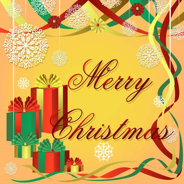 Festlig jul bakgrund med färgade gåvor, vackra band och snöflingor. — Stock vektor