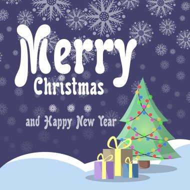 Noel kartı retro tarzı. Gece gökyüzü arka plan üzerinde hediyeler ile kar altında kutuları üzerinde çelenk ile Noel ağacı duruyor.